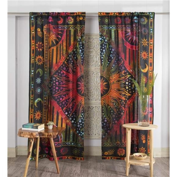 Indian Burning Sun Hippie Mandala Window Curtains-Gypsy TyeDye Bohemian Sun Moon - Picture 1 of 7